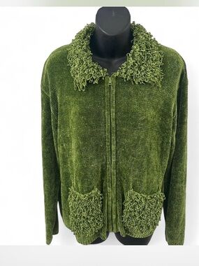 Lisa international Green Chenille Zip Cardigan with Textured Collar & Pockets